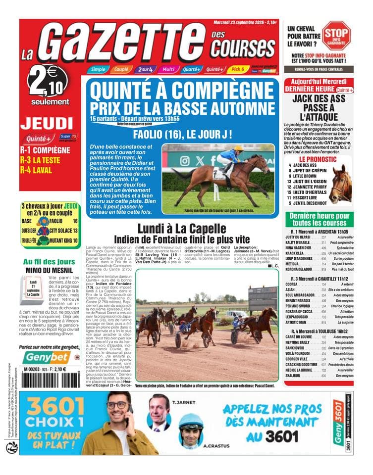 Couverture de l'édition du Mercredi 23 septembre 2026