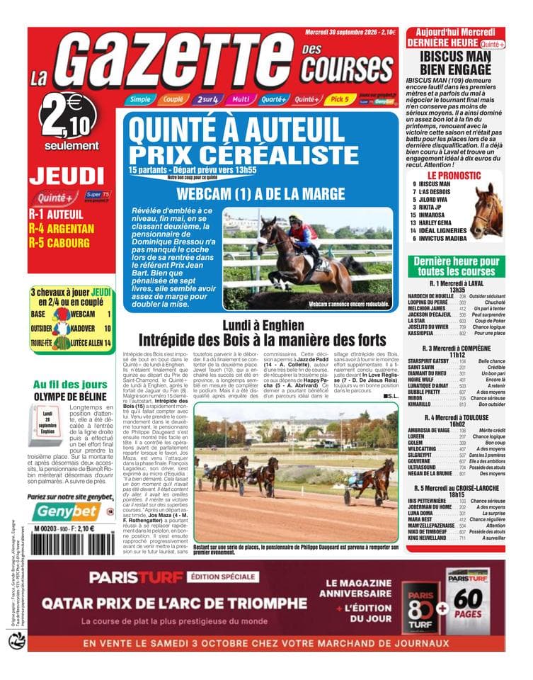 Couverture de l'édition du Mercredi 30 septembre 2026