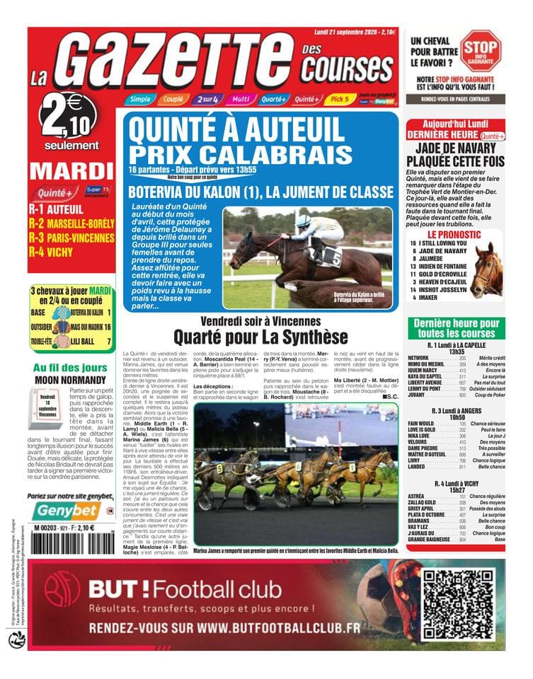 Couverture de l'édition du Lundi 21 septembre 2026
