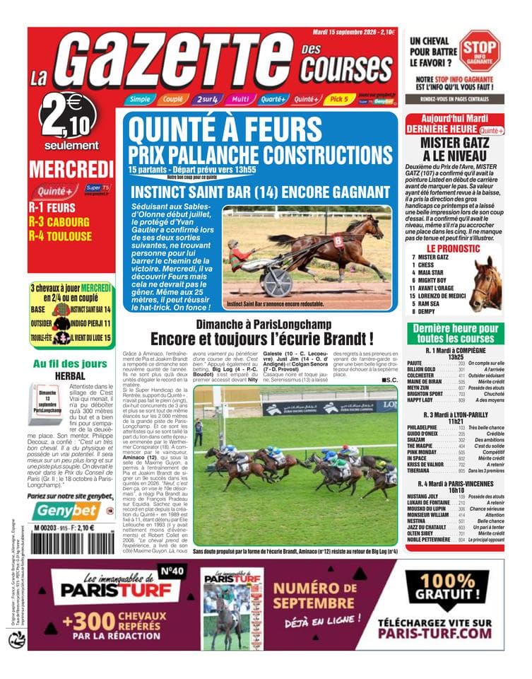 Couverture de l'édition du Mardi 15 septembre 2026